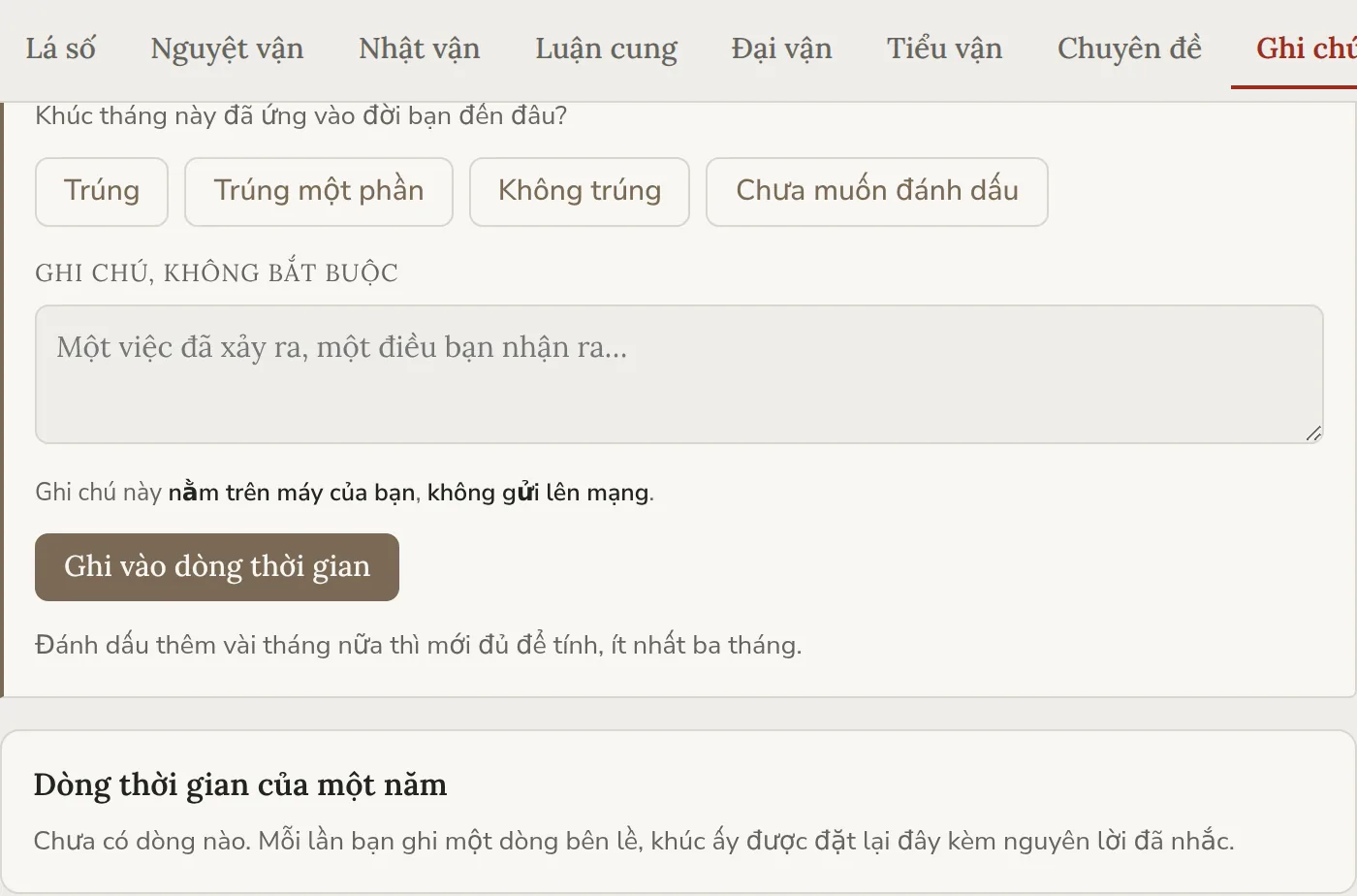 Ô ghi chú bên lề và dòng thời gian của một năm với một dòng đã ghi