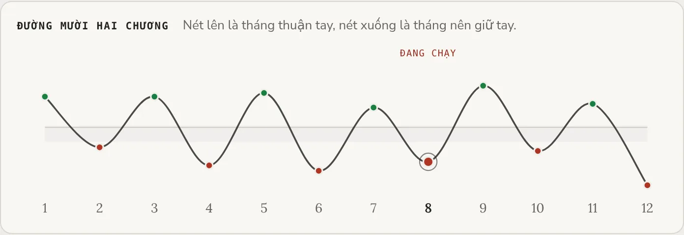 Đường vận mười hai tháng: nét mực nối mười hai điểm, tháng đang chạy có vòng tròn